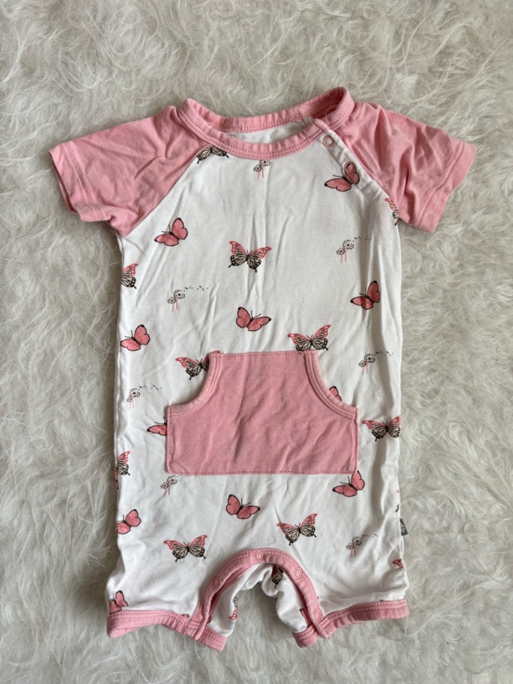 Kyte BABY Bamboo Pink and White Butterfly Snap Summer Romper